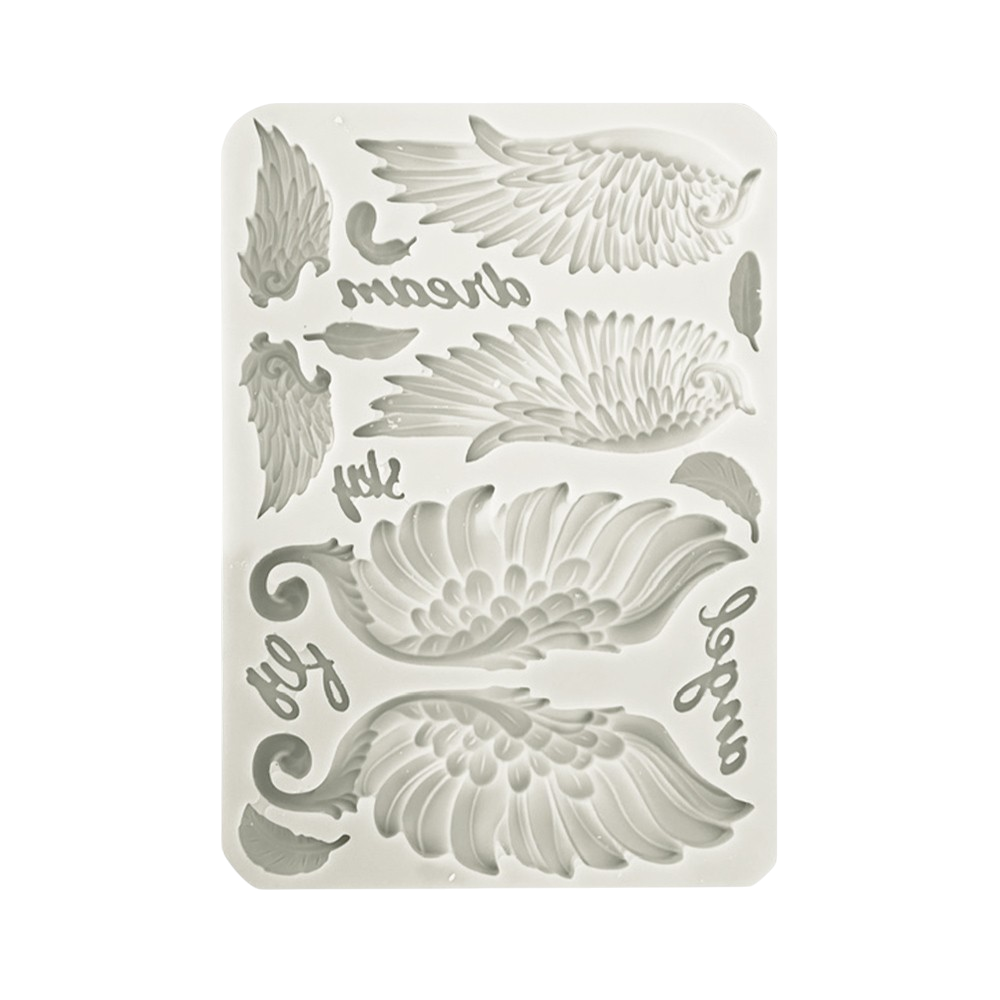 A rectangular silicone mold with angel wings