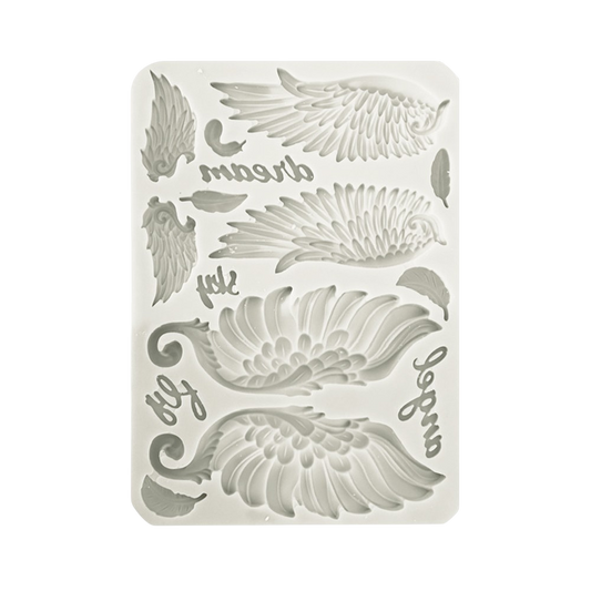 A rectangular silicone mold with angel wings