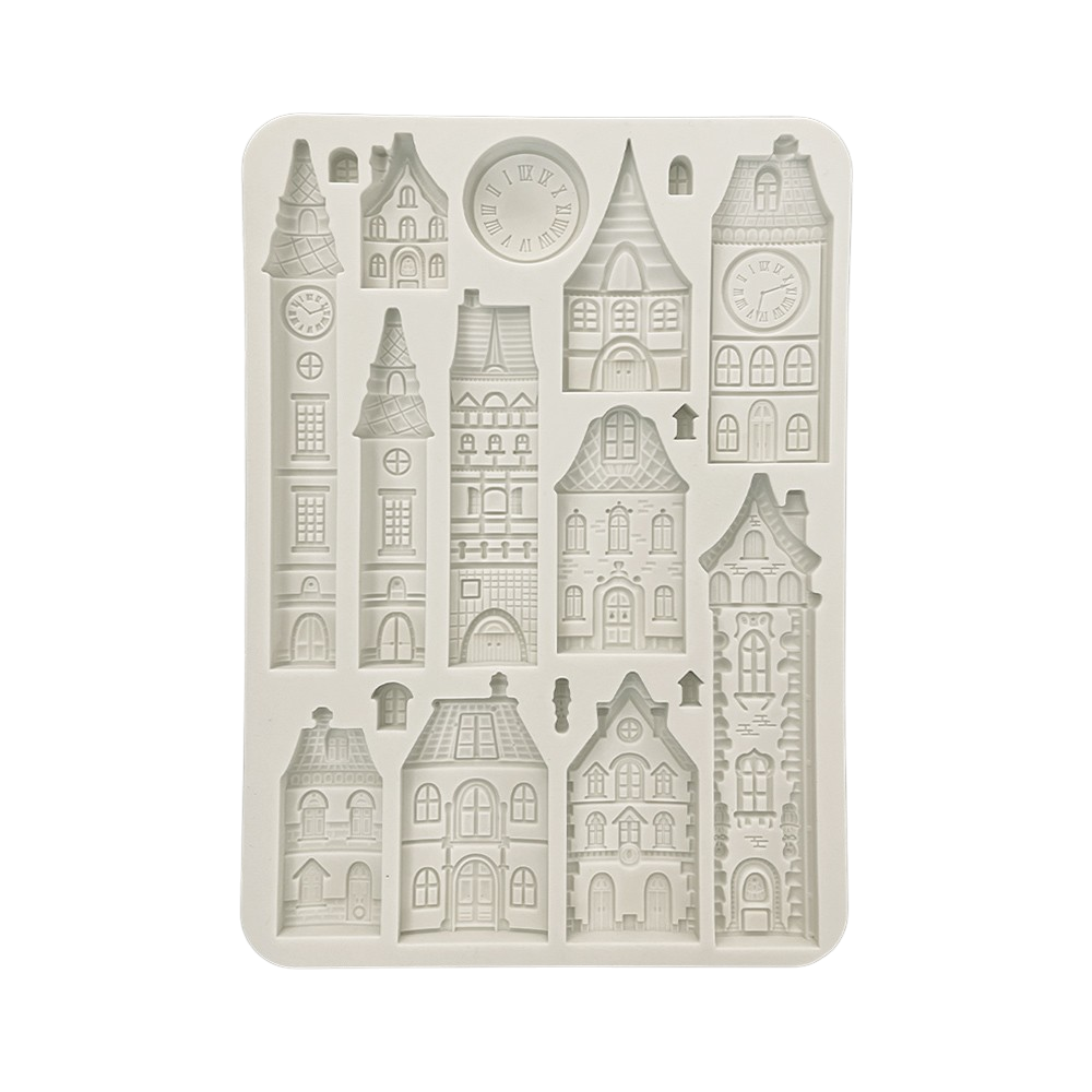 Silicone mold with house-shaped cavities 