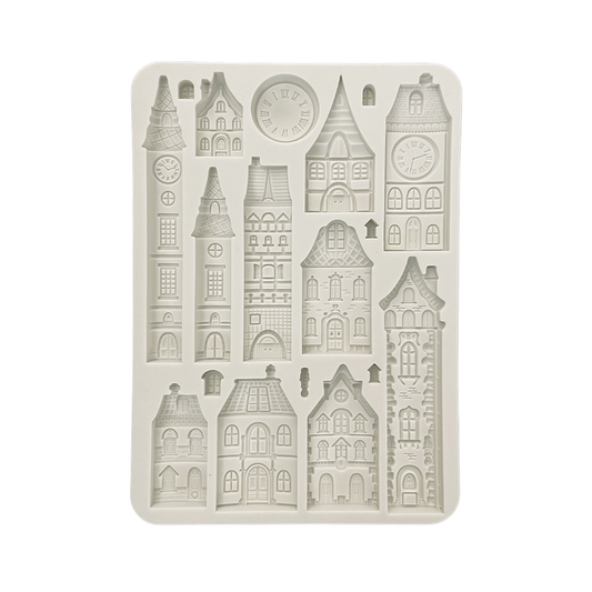 Silicone mold with house-shaped cavities 