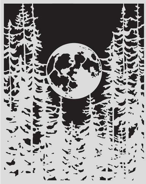Stencil with a full moon surrounded by silhouetted pine trees, with layered forest shapes extending downward.