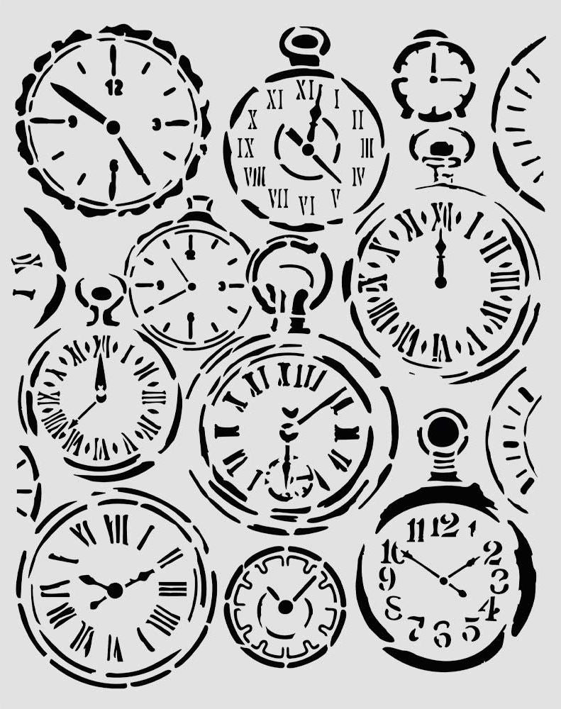 A collage of black vintage pocket watch illustrations and clock faces arranged on a light gray background.