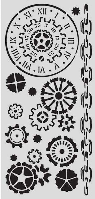 Steampunk-themed stencil featuring gears, cogs, a clock face with Roman numerals, and a vertical chain on a light gray background.