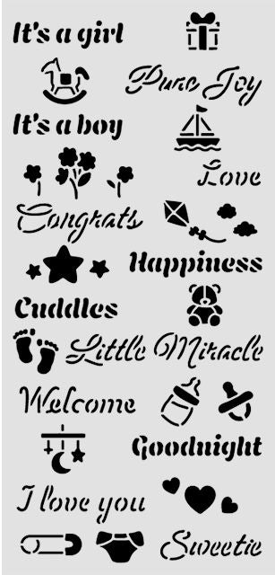 Stencil of baby-themed phrases and icons on a light gray background, including 'It's a girl', 'It's a boy', 'Pure Joy', 'Love', 'Happiness', 'Cuddles', 'Little Miracle', 'Welcome', 'Goodnight', 'I love you', 'Sweetie', a rocking horse, sailboat, gift box, stars, hearts, pacifiers, a bottle, and baby clothes silhouettes.