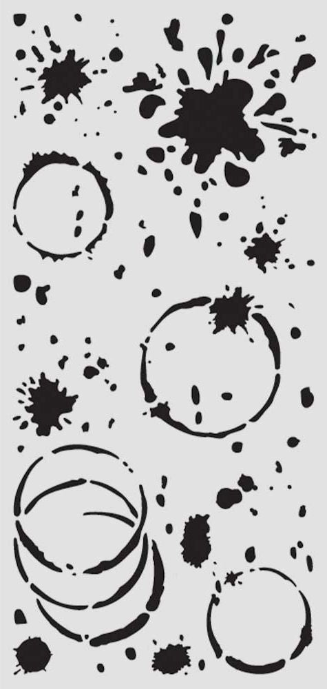 Black ink splatters, drips, and circular brush-stroke rings scattered across a light gray background.