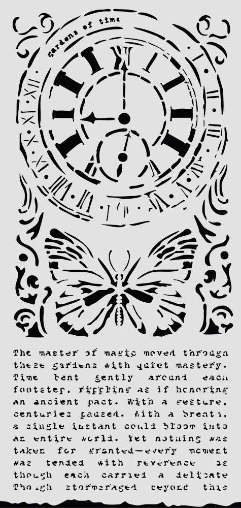 Stencil with a large clock face with Roman numerals, a butterfly motif, and a block of descriptive text below.
