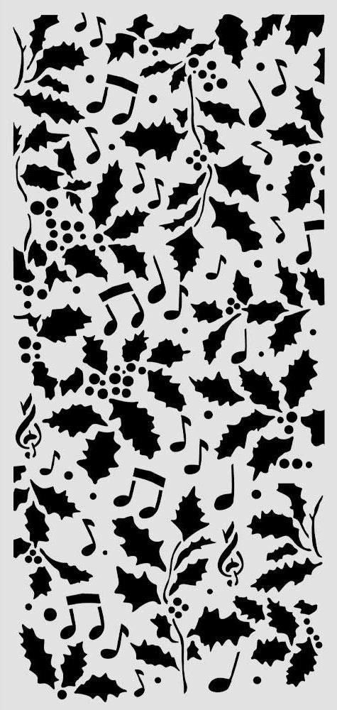 Holiday pattern featuring holly leaves, musical notes, and berries on a light gray background.