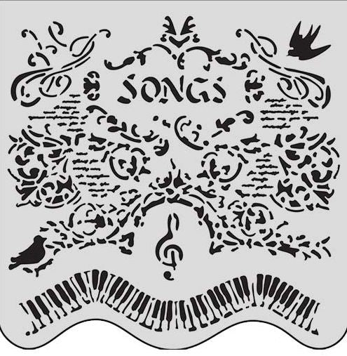Stencil sheet featuring a musical theme with the word 'SONGS', a treble clef, birds, and piano keys, shown on a light gray background.