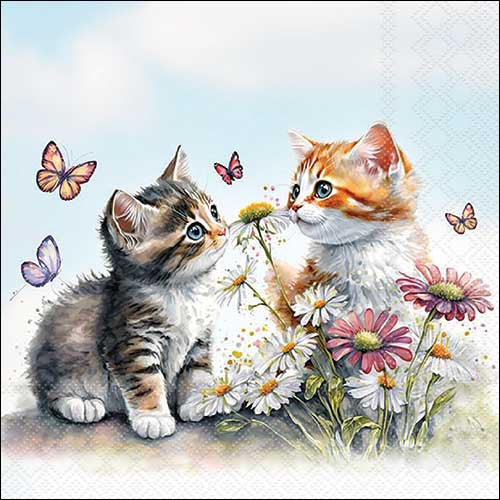 Two kittens surrounded by flowers and butterflies on a light blue background