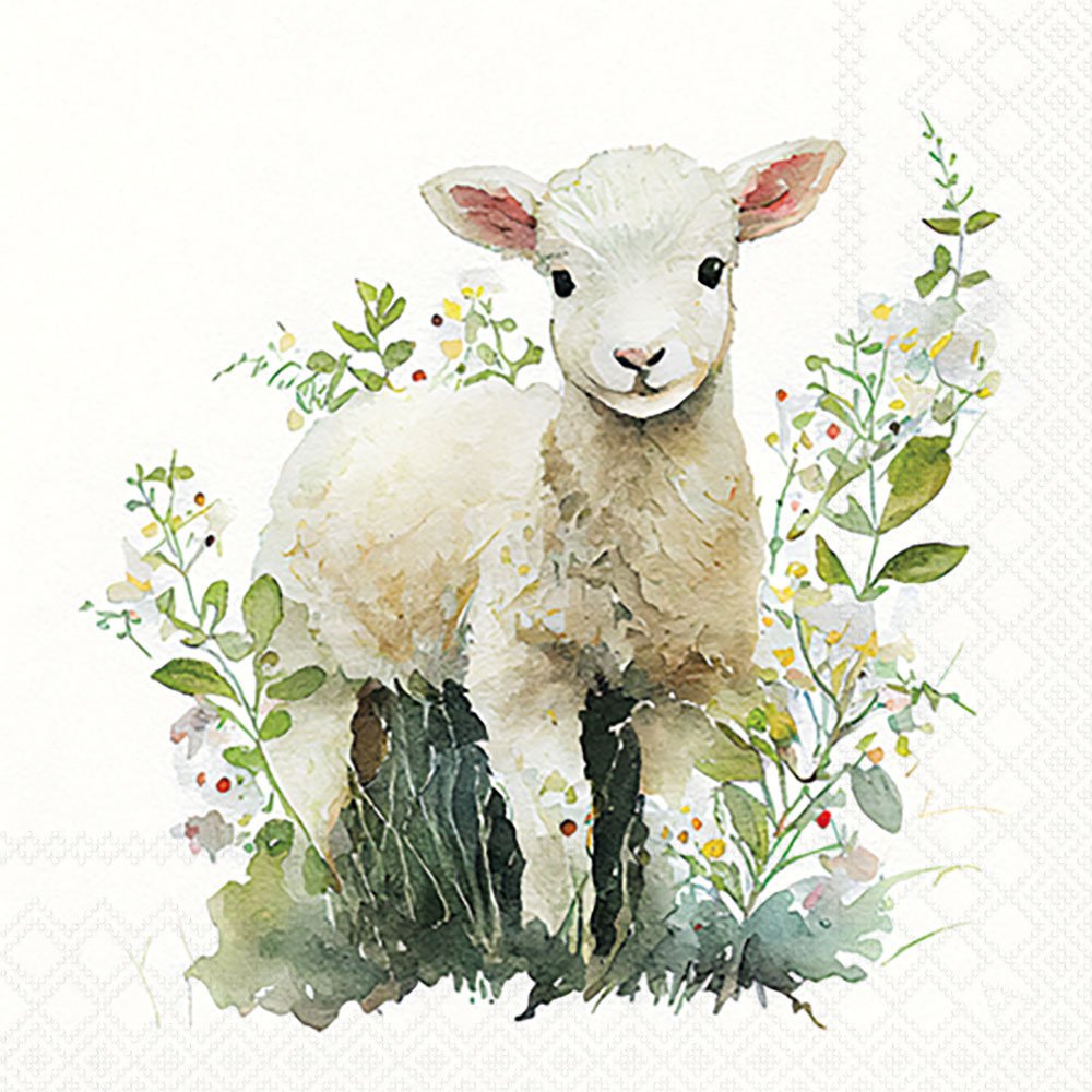 Illustration of a lamb surrounded by flowers and leaves on a white background