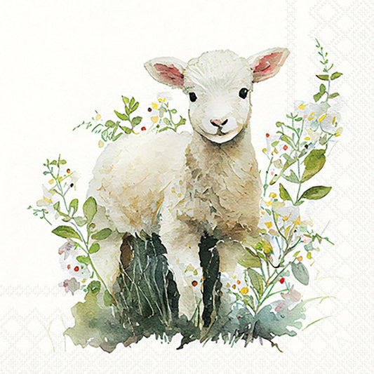 Illustration of a lamb surrounded by flowers and leaves on a white background