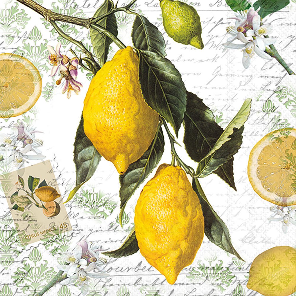 Vintage-style wallpaper with lemons, leaves, and text on a white background