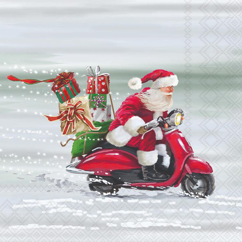 Santa Claus riding a red scooter with gifts on a snowy background