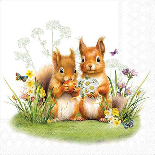 Two little squirrels sitting together with flowers and butterflies on a white background