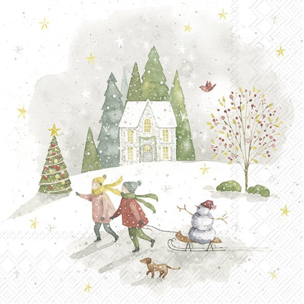 Winter scene with two children and a snowman near a house and trees.