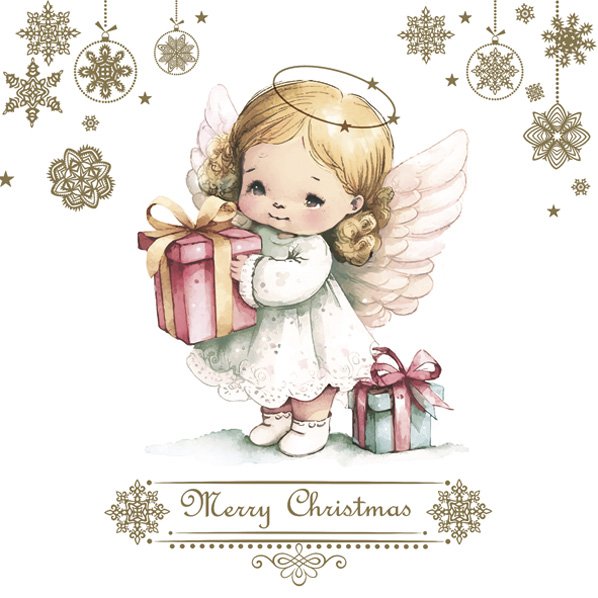Illustration of an angel holding a gift with snowflakes and decorative elements on a white background.