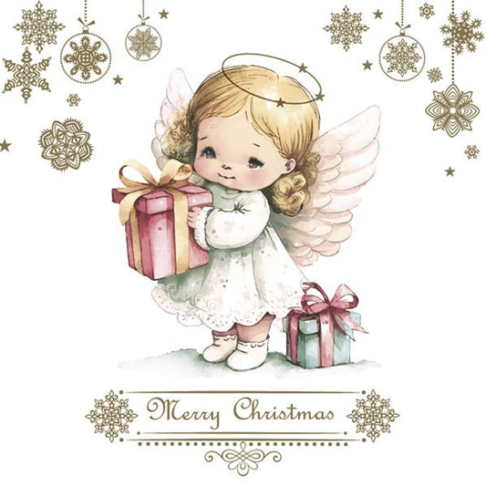 Illustration of an angel holding a gift with snowflakes and decorative elements on a white background.