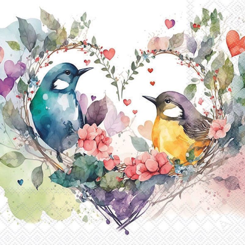 Two birds surrounded by flowers and hearts on a white background