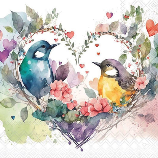 Two birds surrounded by flowers and hearts on a white background