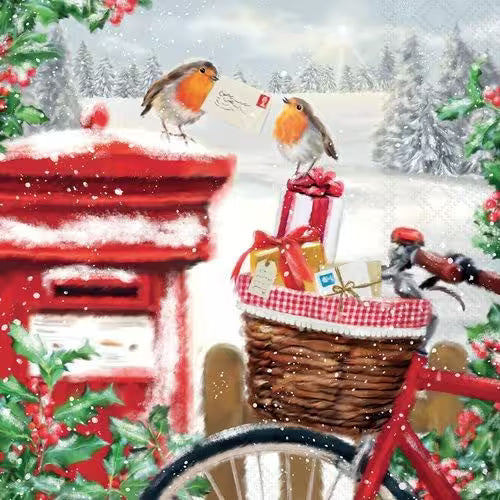 A snowy Christmas mail scene with two robins, a red mailbox, and a bicycle basket full of gifts and letters.