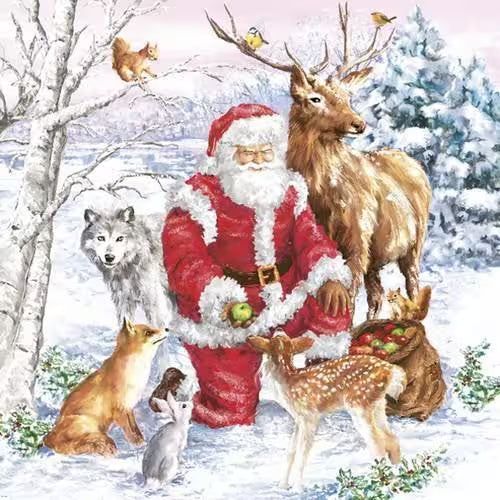 Santa Claus surrounded by various animals in a snowy landscape