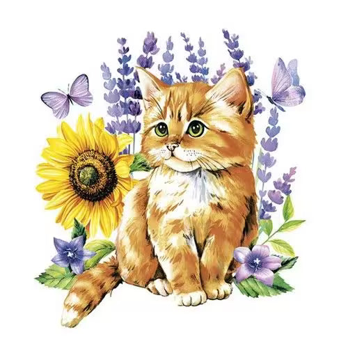 Illustration of a cat surrounded by flowers and butterflies on a white background