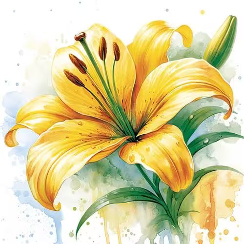 Illustration of a yellow lily flower with green leaves on a watercolor background