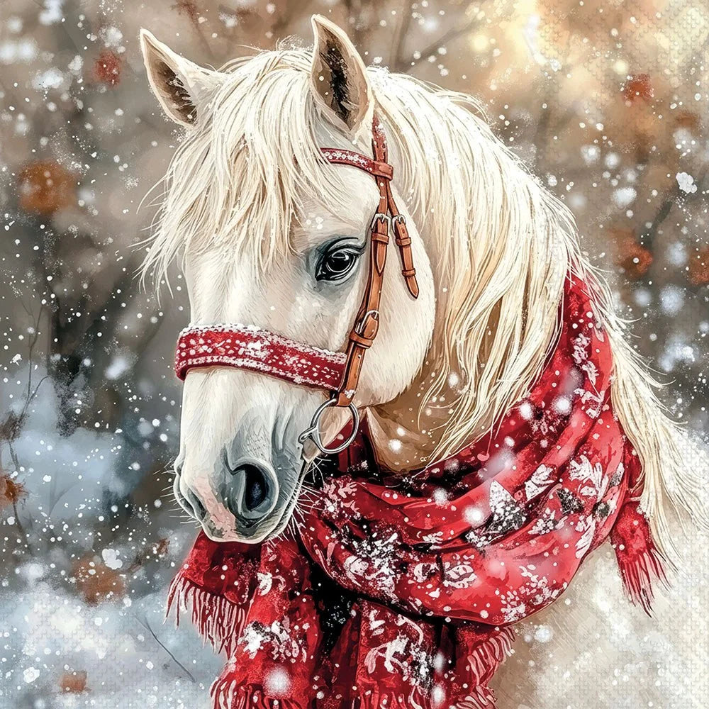 A white horse in a snowy winter scene wearing a red patterned bridle and matching red scarf with white snowflake details.