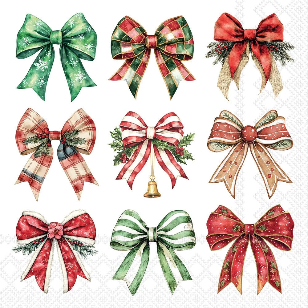 A set of nine watercolor illustrations of Christmas bows in various patterns and colours, including green and red plaid, red with snowflakes, beige with red stripes, and green and white stripes, arranged on a white background.