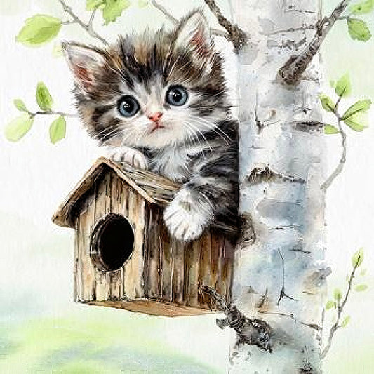 A small kitten sitting in a wooden birdhouse on a tree