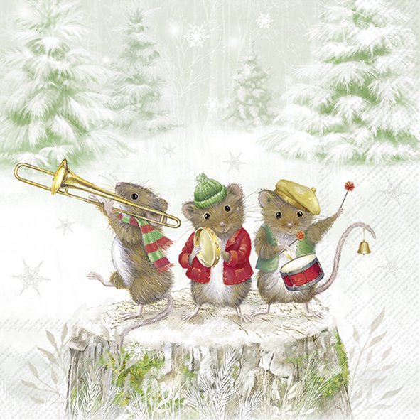 Three animated mice playing musical instruments on a snowy background