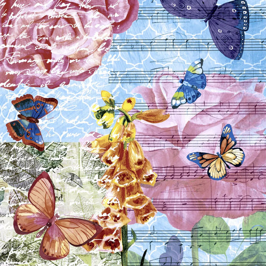 Collage of butterflies, flowers, and music notes on a textured background
