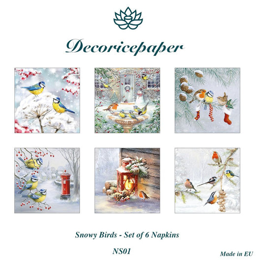 Set of 6 decorative napkins with snowy birds design by Decoricepaper on a white background.