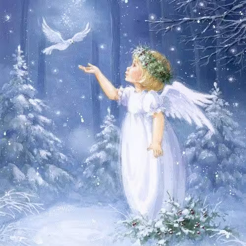 Angel in a snowy forest with a dove flying above