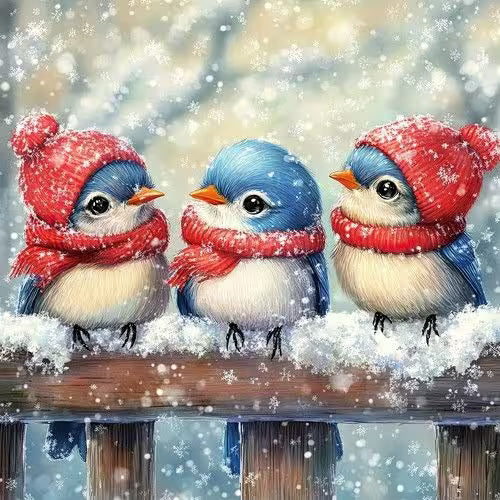 Three birds wearing red hats and scarves on a snowy fence.