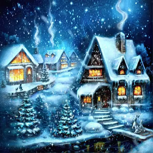 Winter scene with snow-covered houses and trees, glowing windows, and a dark blue sky.