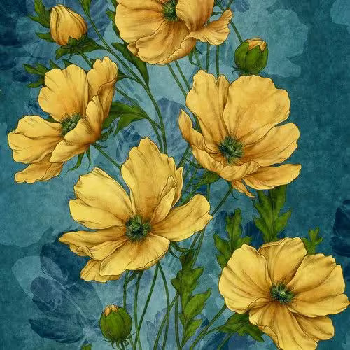 Yellow flowers on a blue floral background