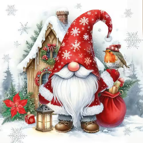 Christmas gnome with red hat and white beard standing in a snowy scene with a bird and gift bag.