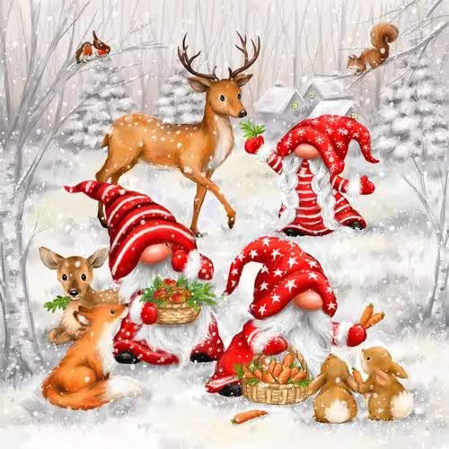 Illustration of animals and gnomes in a snowy forest with red hats and baskets.
