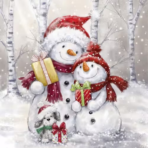 Two snowmen with a dog and presents in a snowy landscape