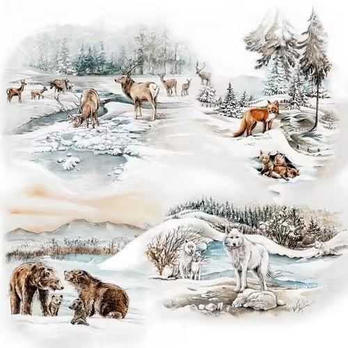 Winter scene with various animals in a snowy landscape