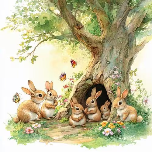 Illustration of rabbits around a tree with flowers and butterflies