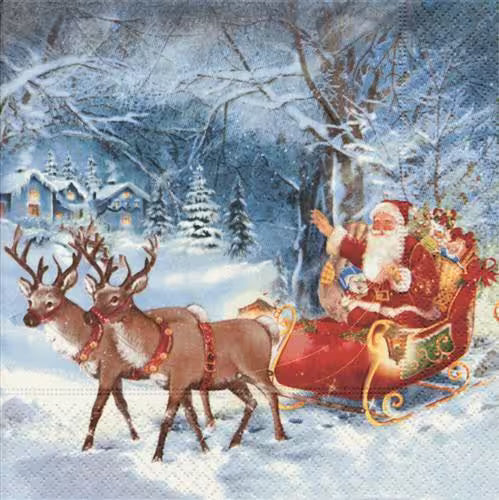 Santa Claus in a sleigh pulled by reindeer in a snowy landscape