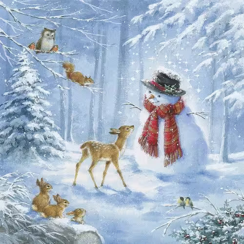 Snowman with scarf and hat in a snowy forest with animals