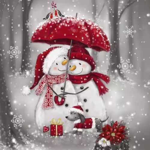 Two snowmen with red hats and scarves standing under a red umbrella in a snowy forest.
