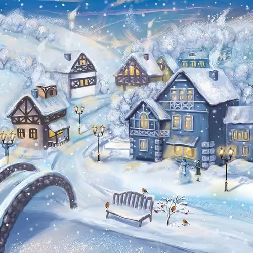 Winter village scene with snow-covered houses and a bridge.