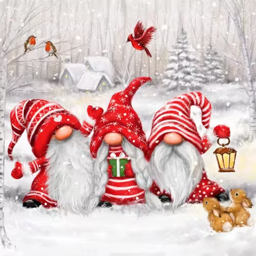 Three festive gnomes in a snowy scene with birds and a house.