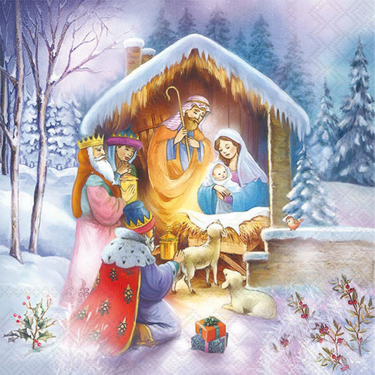 Nativity scene with three wise men and baby Jesus in a snowy landscape