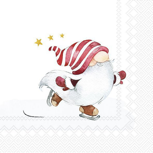 Gnome character with a red and white striped hat ice skating on a white background