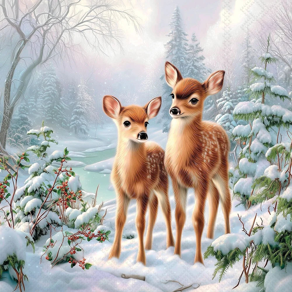 A snowy winter forest scene with two young deer standing in the snow, surrounded by frost-covered trees and shrubs under a soft pastel sky.